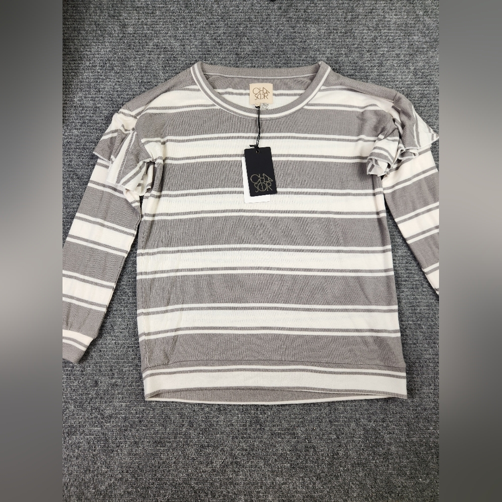 Chaser Women's Ruffle Shoulder Long Sleeve Striped Top Gray White Sz Medium NWT